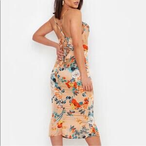 NWT Boohoo Satin Floral Cowl Flute Hem Slip Dress Size 4